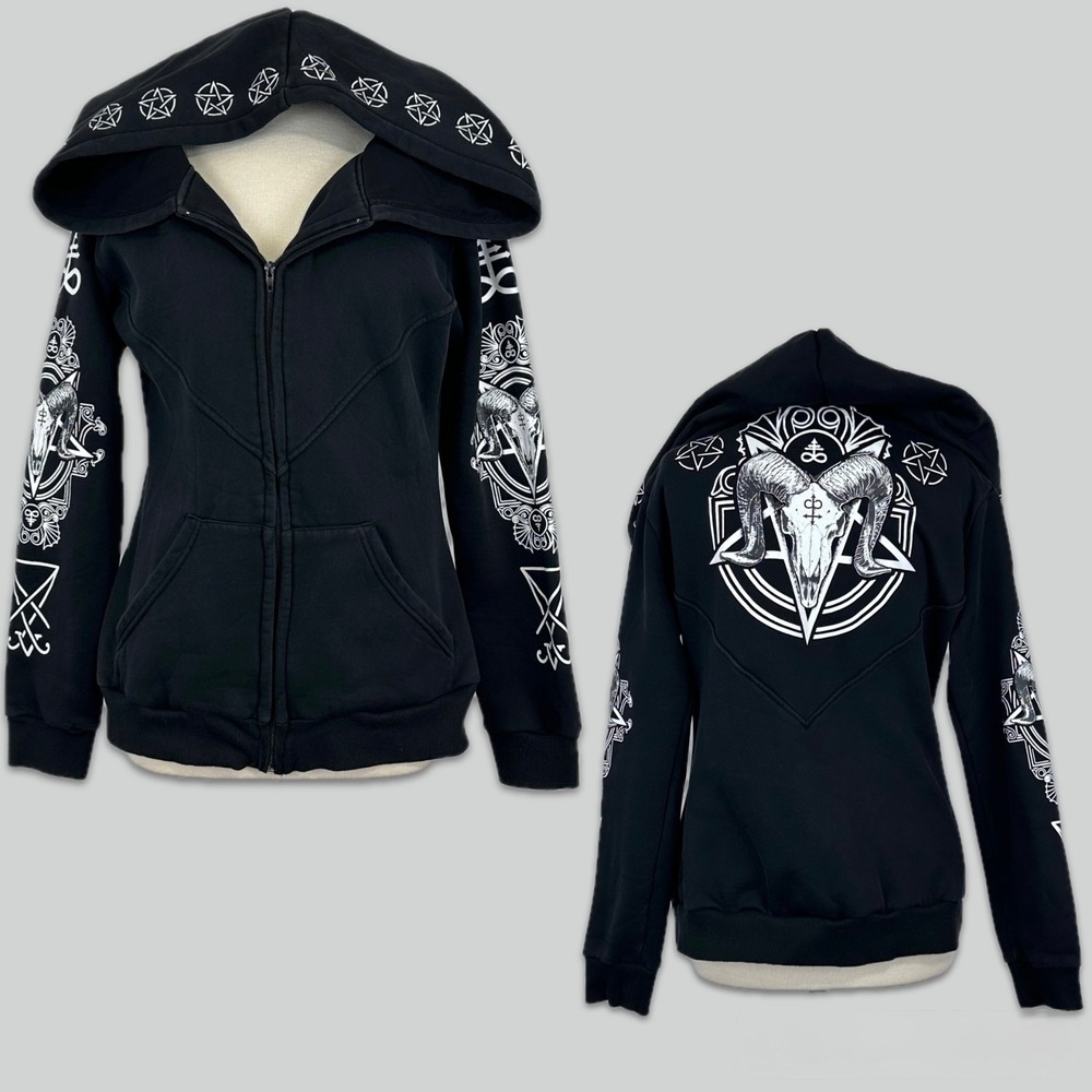 Restyle Womens Nu Goth Occult Alt Hoodie Sz 2XL Witch Ram Pentagram Pagan Black